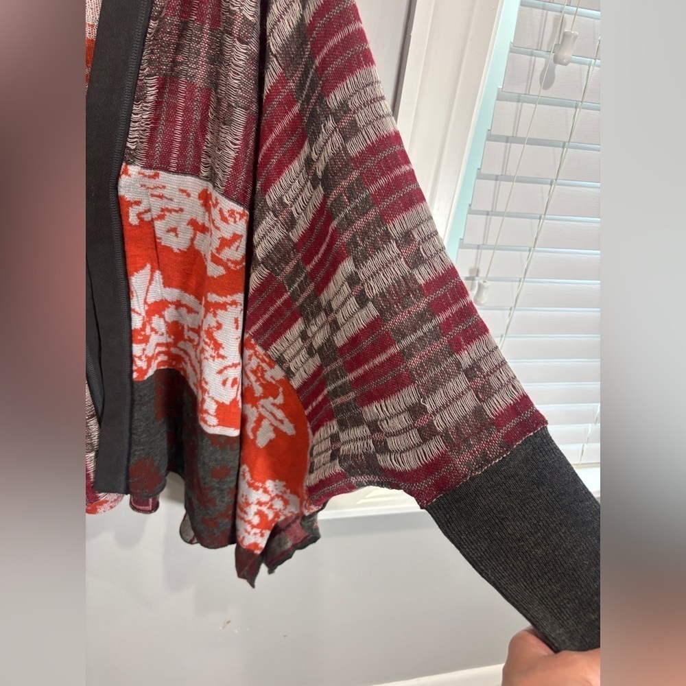 Free People Autumn Patchwork Poncho Cardigan Hood Dolman Sleeve Gray Orange M/L - Picture 7 of 11